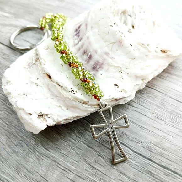 Beaded Cross Keychain, Seed Bead, Green & Brown, 7" - Picture 5 of 5